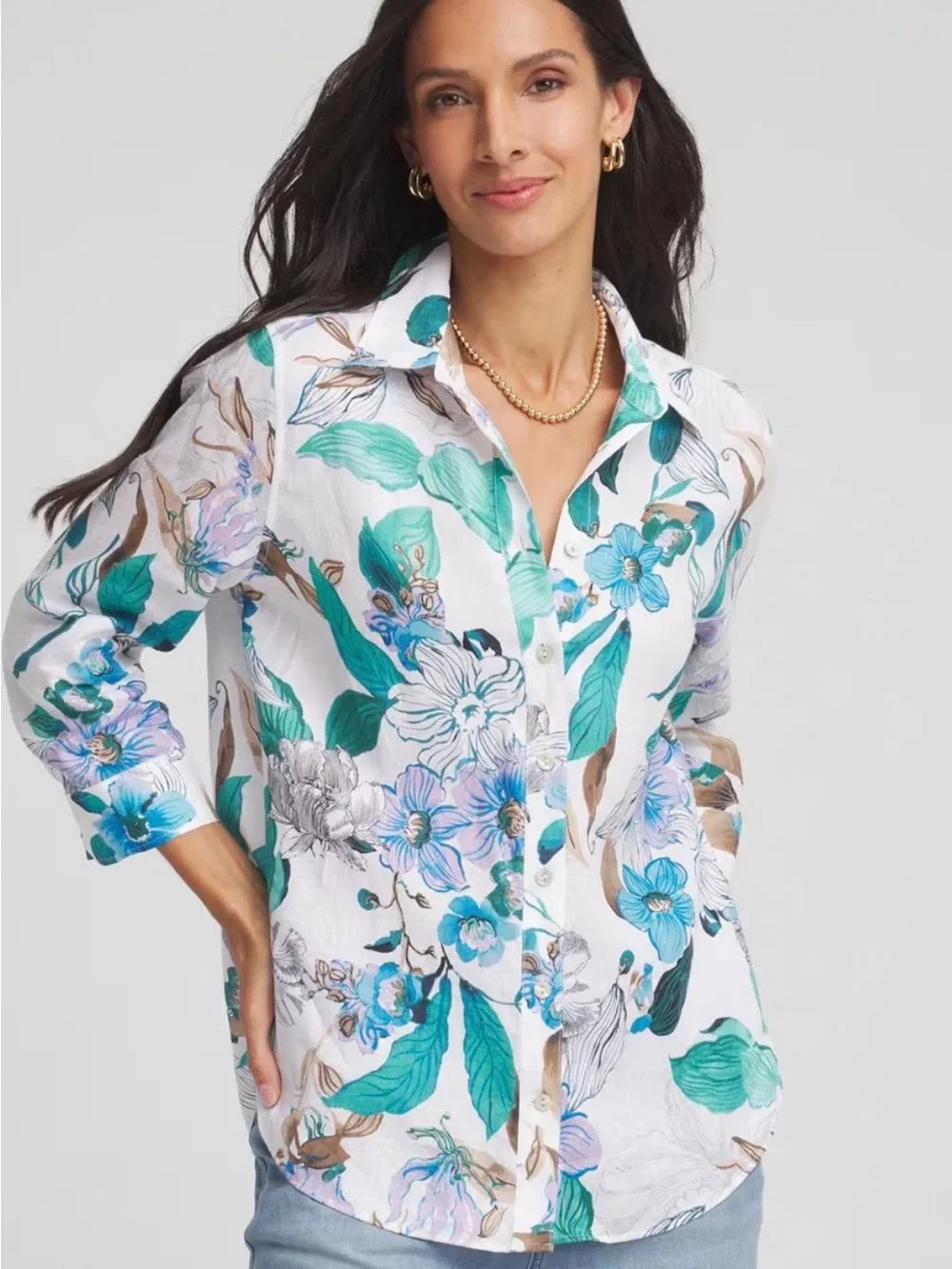 Chicos No Iron floral Linen Button Down Shirttail hem top blouse, size 1, M